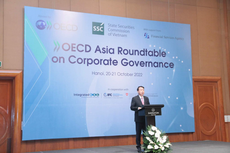 Thứ trưởng Tài chính Nguyễn Đức Chi phát biểu tại Hội nghị bàn tròn OECD-châu Á 2022.