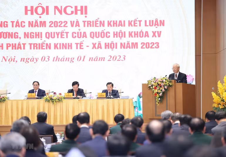 Tổng Bí thư Nguyễn Phú Trọng phát biểu tại hội nghị của Chính phủ với lãnh đạo các tỉnh, thành phố trực thuộc Trung ương. Ảnh: TTXVN