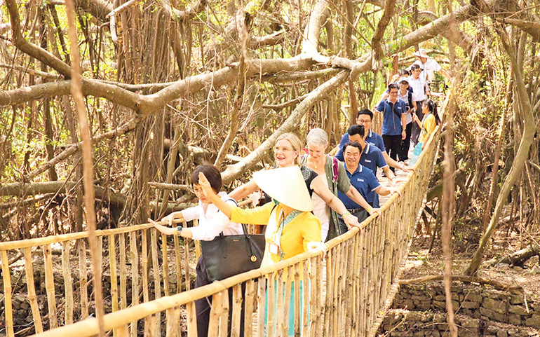 Đến với Trung tâm du lịch Buôn Đôn, du khách rất thích thú khi được trải nghiệm trên cầu treo.