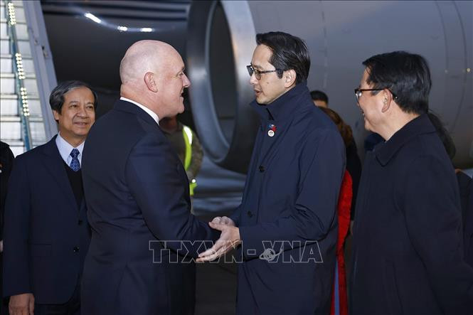 Bộ trưởng Giáo dục và Đào tạo Nguyễn Kim Sơn, Thứ trưởng Ngoại giao Đỗ Hùng Việt và các cán bộ của Bộ Ngoại giao đón Thủ tướng New Zealand Christopher Luxon tại sân bay quốc tế Nội Bài.