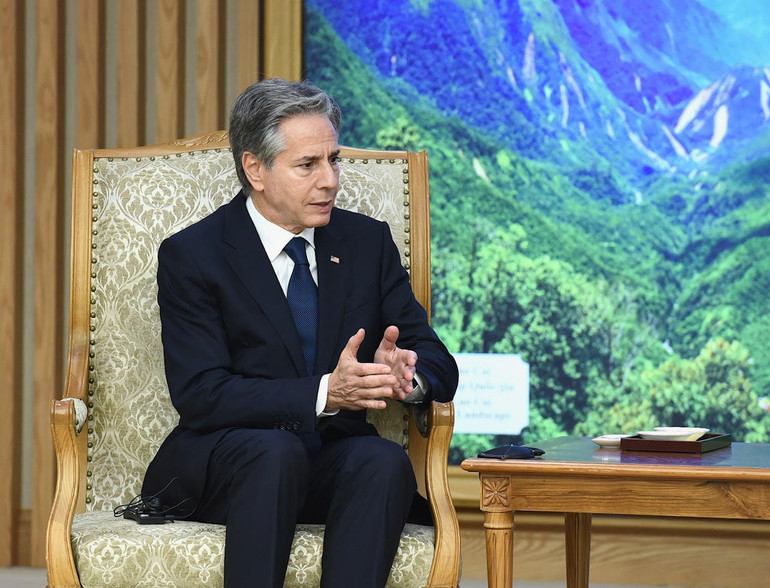 Ngoại trưởng Hoa Kỳ Antony Blinken phát biểu tại buổi tiếp. Ngoại trưởng Hoa Kỳ Antony Blinken phát biểu tại buổi tiếp.