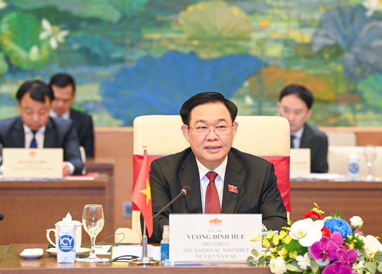 Chủ tịch Quốc hội Vương Đình Huệ phát biểu tại buổi hội đàm. Ảnh: DUY LINH