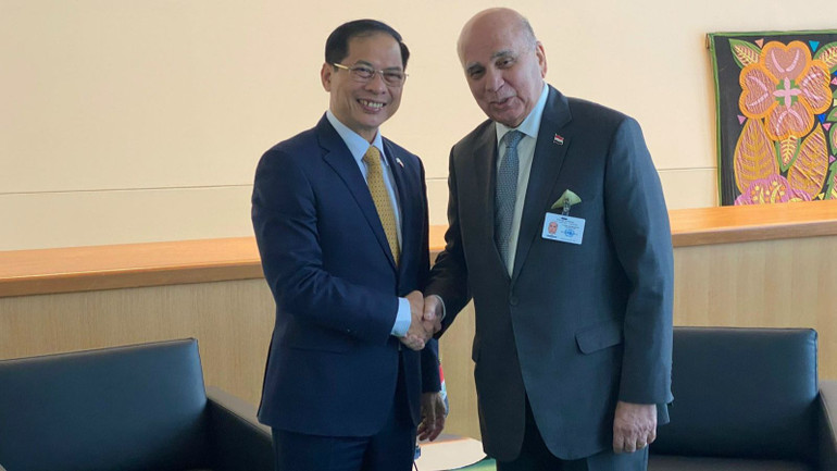 Phó Thủ tướng, Bộ trưởng Ngoại giao Iraq Fuad Mohamed Hussein bày tỏ vui mừng khi gặp Bộ trưởng Bùi Thanh Sơn.