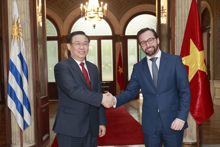 Chủ tịch Quốc hội Vương Đình Huệ và ông Nicolas Albertoni, Quyền Bộ trưởng Ngoại giao Đông Uruguay. (Ảnh: Doãn Tấn/TTXVN)