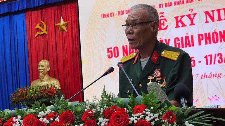 Ông Triệu La Phương, nhân chứng lịch sử, tham gia chiến đấu trong trận đánh giải phóng thành phố Pleiku tỉnh Gia Lai phát biểu tại Lễ kỷ niệm.