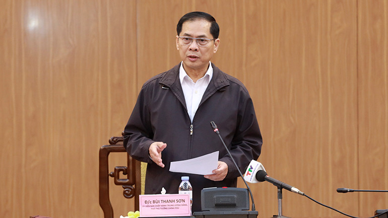 Đồng chí Bùi Thanh Sơn, Ủy viên Trung ương Đảng, Phó Thủ tướng Chính phủ, Bộ trưởng Ngoại giao phát biểu tại buổi làm việc.