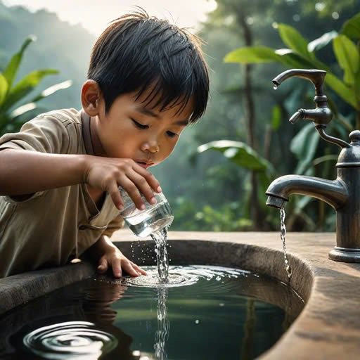 An ninh nguồn nước là trách nhiệm chung của mỗi người. Ảnh do họa sỹ Phan Duy Thanh tạo từ AI.