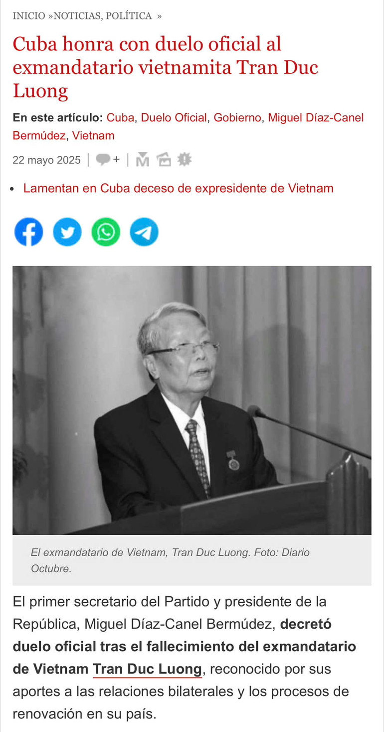 Báo Cubadebate đưa tin Bí thư thứ nhất Ban chấp hành Trung ương Đảng Cộng sản Cuba, Chủ tịch nước Cộng hòa Cuba Miguel Díaz-Canel bày tỏ tiếc thương trước sự ra đi của đồng chí Trần Đức Lương (Ảnh: Đại sứ quán Việt Nam tại Cuba) Báo Cubadebate đưa tin Bí thư thứ nhất Ban chấp hành Trung ương Đảng Cộng sản Cuba, Chủ tịch nước Cộng hòa Cuba Miguel Díaz-Canel bày tỏ tiếc thương trước sự ra đi của đồng chí Trần Đức Lương (Ảnh: Đại sứ quán Việt Nam tại Cuba)