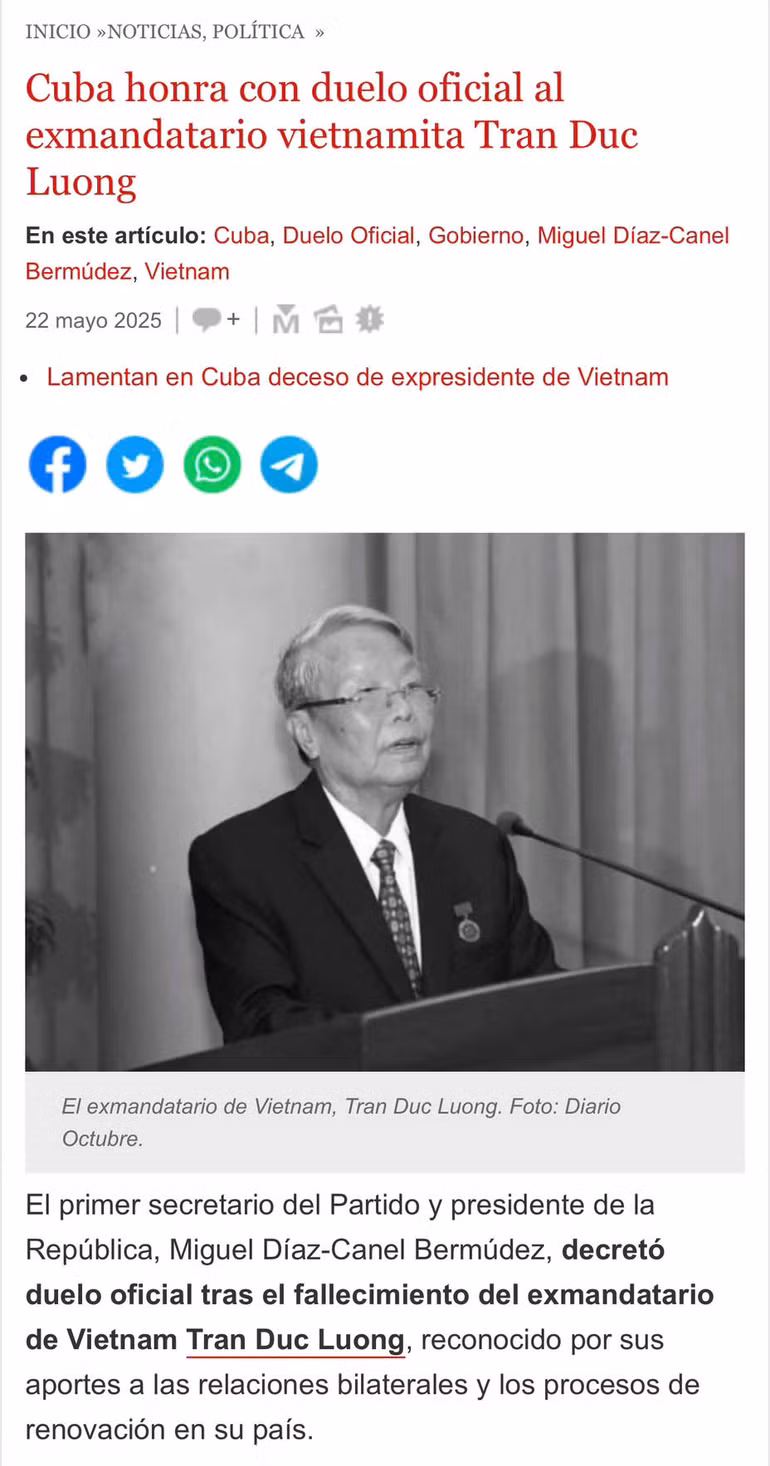 Báo Cubadebate đưa tin Bí thư thứ nhất Ban chấp hành Trung ương Đảng Cộng sản Cuba, Chủ tịch nước Cộng hòa Cuba Miguel Díaz-Canel bày tỏ tiếc thương trước sự ra đi của đồng chí Trần Đức Lương (Ảnh: Đại sứ quán Việt Nam tại Cuba)