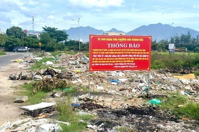 Rác thải đổ tràn lan ngay dưới biển cấm.