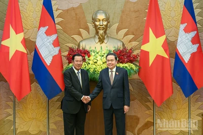 Chủ tịch Quốc hội Trần Thanh Mẫn và Chủ tịch Thượng viện Campuchia Hun Sen tại buổi tiếp.