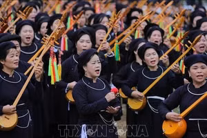 Các nghệ sĩ cùng người dân tham gia trình diễn hát then, đàn tính. Ảnh tư liệu: Chu Hiệu/TTXVN