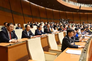 Các đại biểu Quốc hội tiến hành biểu quyết trong phiên họp sáng 7/4. (Ảnh: DUY LINH)