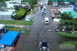Tuyến Quốc lộ 1A, đoạn gần cầu Lương Thế Trân, tỉnh Cà Mau bị ngập sâu vào đợt mưa lớn kết hợp triều cường vào cuối tháng 10/2025.
