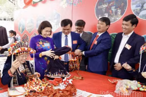 Phó Chủ tịch UBND tỉnh Phùng Thị Kim Nga và các đại biểu tham quan các khu trưng bày giới thiệu nét đẹp văn hoá, sản phẩm, món ăn đặc sắc của địa phương.