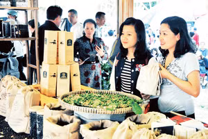 Lâm Đồng giới thiệu các loại cà phê tại hội chợ hàng nông sản. Ảnh: Hải Nam