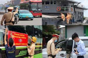 Lực lượng chức năng Công an Hà Nội kiểm tra phương tiện kinh doanh vận tải. (Ảnh PHẠM ĐÔNG-AN TRẠCH) 