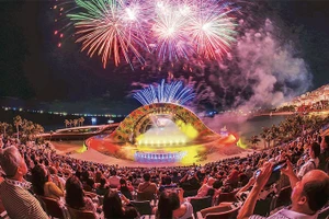 Với tuyến tàu điện nhẹ, chỉ mất khoảng 20 phút để đưa du khách từ sân bay Phú Quốc về đến Trung tâm Hội nghị APEC và các khu du lịch nghỉ dưỡng phía nam đảo. Trong ảnh: Du khách thưởng thức màn pháo hoa tại khu du lịch phía nam đảo Phú Quốc.