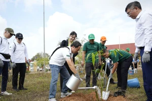 Các đại biểu và người dân tham gia trồng tre tại ấp Tân Lập, xã Thống Nhất. (Ảnh: BÙI DUYÊN)