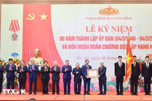 Phó Chủ tịch Thường trực Quốc hội Đỗ Văn Chiến trao Huân chương Độc lập hạng Nhì cho Ủy ban Kinh tế và Tài chính của Quốc hội. (Ảnh: Minh Đức/TTXVN)