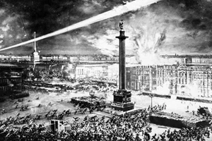 Ðêm 7/11/1917 (25/10 theo lịch Nga cũ), quân khởi nghĩa tấn công vào Cung điện Mùa Ðông ở Petrograd, mở đầu cuộc Cách mạng Tháng Mười Nga. (Ảnh tư liệu)