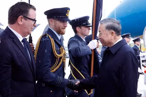 Quan chức New Zealand đón Tổng Bí thư, Chủ tịch nước Tô Lâm tại Sân bay quốc tế Auckland. (Ảnh: Thống Nhất/TTXVN)