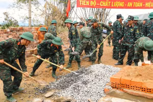 Lực lượng bộ đội thuộc Bộ Tư lệnh Quân khu 5 tham gia Chiến dịch Quang Trung, dựng lại nhà cho người dân bị thiệt hại do mưa lũ trên địa bàn tỉnh Đắk Lắk. (Ảnh Văn Viễn)