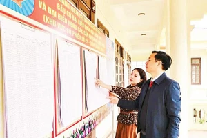 Kiểm tra việc niêm yết danh sách cử tri tại các khu vực bỏ phiếu trên địa bàn xã Phú Nghĩa.