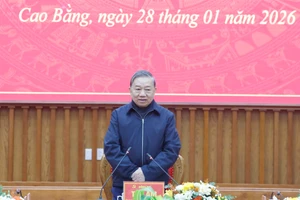 Tổng Bí thư Tô Lâm phát biểu tại buổi làm việc với Ban Chấp hành Đảng bộ tỉnh Cao Bằng. (Ảnh: Thống Nhất/TTXVN)