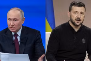 Tổng thống Nga Vladimir Putin (trái) và Tổng thống Ukraine Volodymyr Zelensky. (Ảnh: Xinhua)