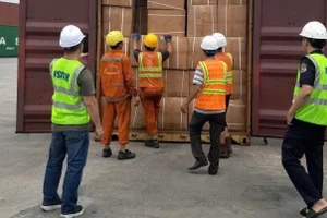 Lô hàng thuốc lá điếu nhãn hiệu Lambert & Butler được chứa trong container số MSCU5479973 đang được lực lượng hải quan kiểm tra. (Ảnh: CHQ)