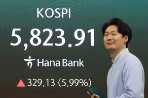 Màn hình hiển thị chỉ số KOSPI tại Seoul, Hàn Quốc ngày 8/4/2026. (Ảnh: Yonhap/TTXVN)