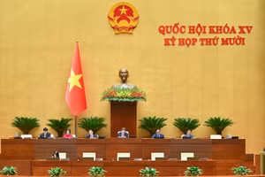 Bộ trưởng Nông nghiệp và Môi trường Trần Đức Thắng báo cáo tiếp thu, giải trình, chỉnh lý dự thảo Nghị quyết trước khi Quốc hội bấm nút thông qua. (Ảnh: DUY LINH)