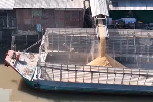 Nhà máy xay xát bơm trấu xuống ghe không che chắn khiến bụi bay vào nhà dân.
