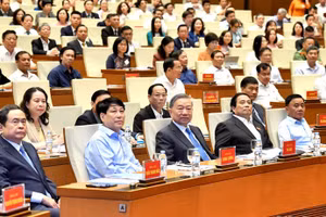 Tổng Bí thư Tô Lâm và các đồng chí lãnh đạo Đảng, Nhà nước tham dự hội nghị.