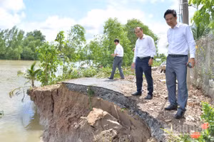 Lãnh đạo Sở Nông nghiệp và Môi trường tỉnh Đồng Tháp khảo sát điểm sạt lở bờ Tây kênh 28.