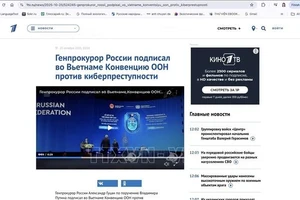 Trang tin của kênh truyền hình Kênh 1 của Nga. (Ảnh: Tâm Hằng/PV TTXVN tại Nga)