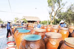 Thành viên hợp tác xã chế biến thủy hải sản ở Hà Tĩnh chăm sóc các bể ủ nước mắm.
