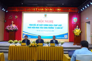 Hội nghị trao đổi, đề xuất chính sách, pháp luật thực hiện mục tiêu tăng trưởng “2 con số” do Bộ Tư pháp tổ chức chiều 27/3, tại Hà Nội.