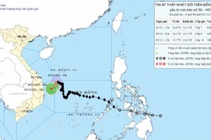 Bản đồ dự báo quỹ đạo và cường độ áp thấp nhiệt đới phát lúc 14 giờ chiều 1/12. (Nguồn: Trung tâm Dự báo khí tượng thủy văn quốc gia)