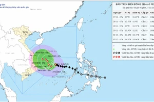 Bản đồ dự báo quỹ đạo và cường độ bão số 15 phát lúc 8 giờ ngày 27/11.
