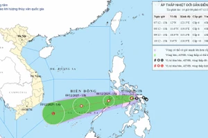 Bản đồ dự báo quỹ đạo và cường độ áp thấp nhiệt đới phát lúc 14 giờ ngày 7/12. (Ảnh: Trung tâm Dự báo khí tượng thủy văn quốc gia)