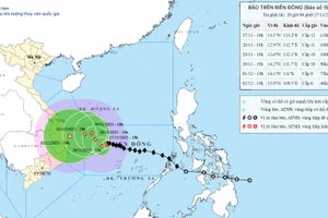 Bản đồ dự báo quỹ đạo và cường độ bão số 15 phát lúc 20 giờ ngày 27/11.