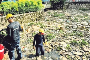 UBND phường Xuân Khánh tổ chức ra quân thu gom rác tại rạch Tham Tướng. Ảnh UBND phường cung cấp.