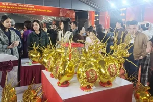 Người dân xã Kiều Phú tham quan, tìm hiểu sản phẩm phục vụ Tết tại Không gian trưng bày.