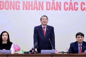 Phó Chủ tịch Quốc hội Nguyễn Đức Hải, Trưởng Tiểu ban Thông tin tuyên truyền, Hội đồng Bầu cử Quốc gia phát biểu động viên các phóng viên tác nghiệp tại Trung tâm Báo chí bầu cử.