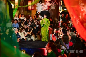 Trang phục áo dài trình diễn trong đêm khai mạc chuỗi sự kiện Văn hóa mừng 20 năm ngày Di sản Văn hóa Việt Nam.