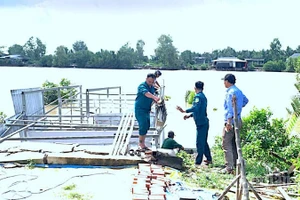 Lực lượng chức năng địa phương hỗ trợ tháo dỡ nhà bà Bích vốn bị nhấn chìm xuống sông sau vụ sạt lở.