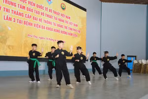Biểu diễn võ tại Kỳ thi nâng đai võ thuật năm 2026 tại Nhà văn hóa đa năng Bệnh viện đa khoa Hùng Vương, tỉnh Phú Thọ.