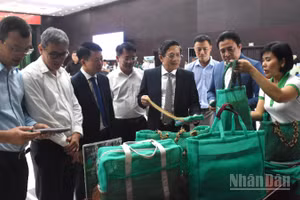 Các đại biểu tham quan gian hàng trưng bày sản phẩm chuyển đổi xanh, bên lề hội thảo. (Ảnh: ANH ĐÀO)